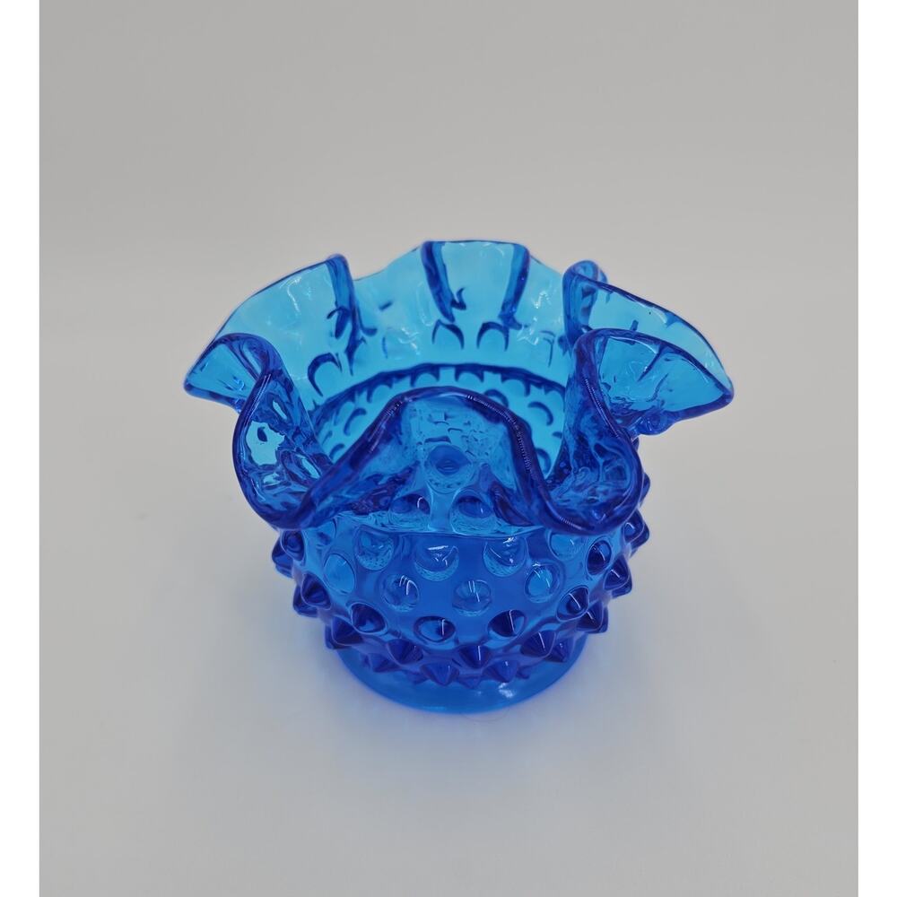 Vintage Fenton Colonial Blue Hobnail 3" Double Crimped Rim Glass Flower Vase - Picture 3 of 8